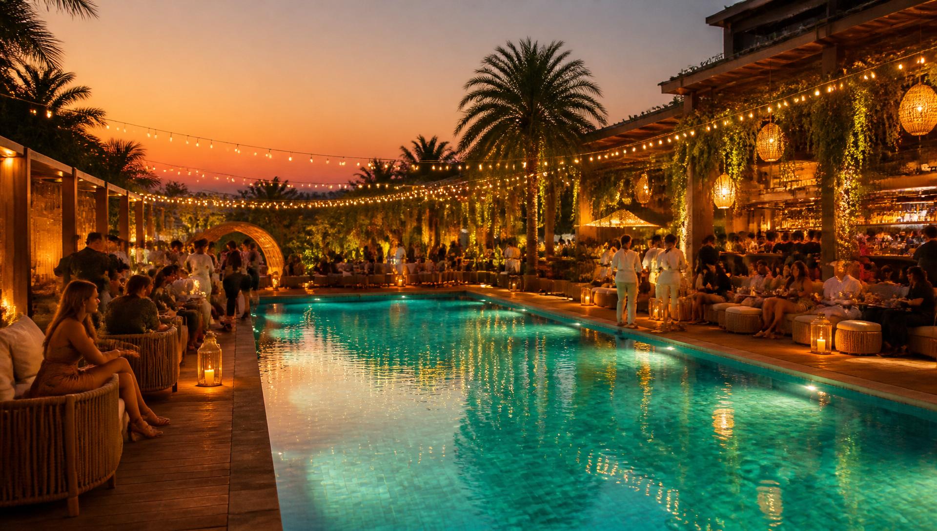 Moksha poolside celebration at night